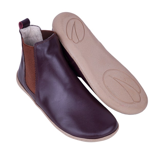 Women Handmade CHELSEA Boots Zero Drop, Barefoot BURGUNDY SMOOTH Leather, Natural, Colorful, Leather Insole & 5mm Soft Rubber