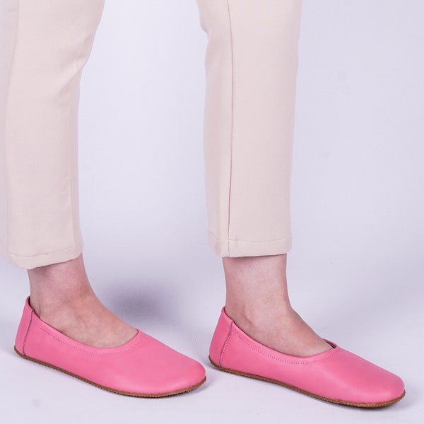 Flat Ballet Barefoot Zero Drop PINK SMOOTH Leather Ballerinas, Leather Handmade Shoes, Slip-On 5mm Rubber Outsole