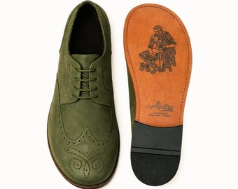 Women's Barefoot GREEN NUBUCK Leather Oxford Shoes, Classic Comfort & Style: Handmade, Moccasins