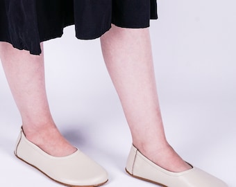 Flat Ballet Barefoot Zero Drop CREAM SMOOTH Leather Ballerinas, Leather Handmade Shoes, Slip-On 5mm Rubber Outsole