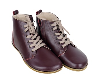 Men's Burgundy Leather Barefoot Boots: Handmade Zero Drop Ankle Boots