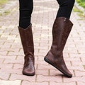 Handmade Dark Brown Crazy Leather  Knee-High Wider Boots: Women's Barefoot Zero Drop Shoes