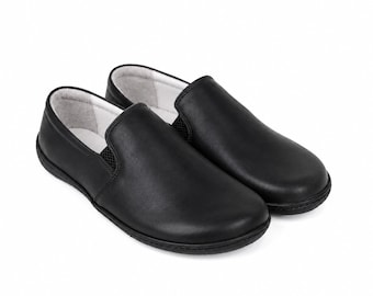 Men Barefoot BLACK SMOOTH Leather Slip On Shoes, Handmade, Moccasins, Soft and Flexible Rubber Outsole