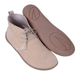 Dames handgemaakte enkellaarsjes Zero Drop, Barefoot CREAM NUBUCK leer, natuurlijk, kleurrijk, lederen binnenzool 6mm rubber