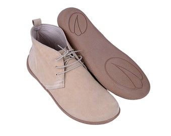 Handmade Barefoot Ankle Booties: Cream Nubuck Leather Zero Drop Boots