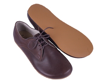WOMEN Zero Drop Oxford Barefoot DaRK BROWN SMOOTH Leather Handmade Shoes, Natural, Colorful, Slip-On 5mm Rubber Outsole