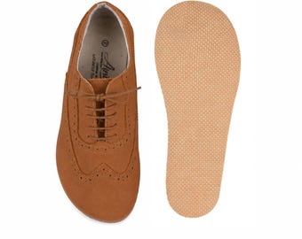 Women's Barefoot Oxford Shoes: Handmade TAN NUBUCK Leather Moccasins