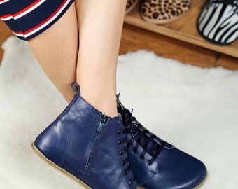 Women Handmade SHORT Zipper & Laces Boots Zero Drop, Barefoot NAVY Blue Smooth Leather, Colorful, Leather Insole, 6mm Leather Outsole