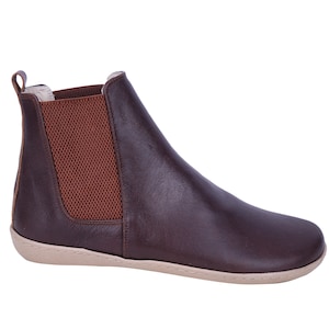 Dames Handgemaakte CHELSEA Laarzen Zero Drop, Barefoot DONKER Bruin GLAD Leer, Natuurlijk, Kleurrijk, Leren Binnenzool & 5mm Zacht Rubber