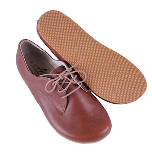 WOMEN Zero Drop Oxford Barefoot BROWN SMOOTH Leather Handmade Shoes, Natural, Colorful, Slip-On 5mm Rubber Outsole image 4