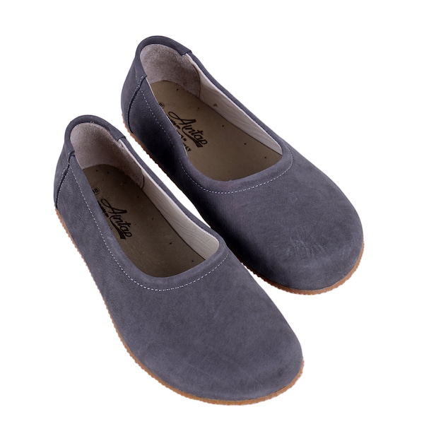 Ballet plano descalzo cero gota GRIS NUBUCK bailarinas de cuero, zapatos de cuero hechos a mano, suela de goma o cuero sin cordones de 5 mm