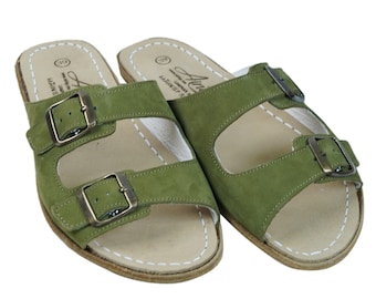 Women Double Strap & ,Buckle Barefoot Sandals NUBUCK GREEN Leather Handmade Zero Drop, Slipper