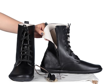 Handmade Black Leather Barefoot Boots: Zero Drop Grounding Shoes