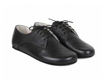 Dames Barefoot zwarte Oxford schoenen van glad leer, klassiek comfort en stijl: handgemaakt, mocassins, 6 mm rubberen buitenzool