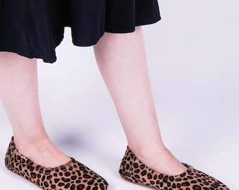 Flat Ballet Barefoot Zero Drop LEOPARD Calf Hair Leather Ballerinas, Leather Handmade Shoes, Slip-On 5mm Rubber Outsole