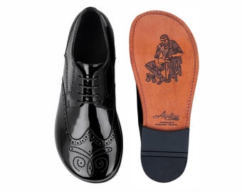 Men's Barefoot BLACK PATENT Leather Oxford Shoes, Classic Comfort & Style: Handmade, Moccasins