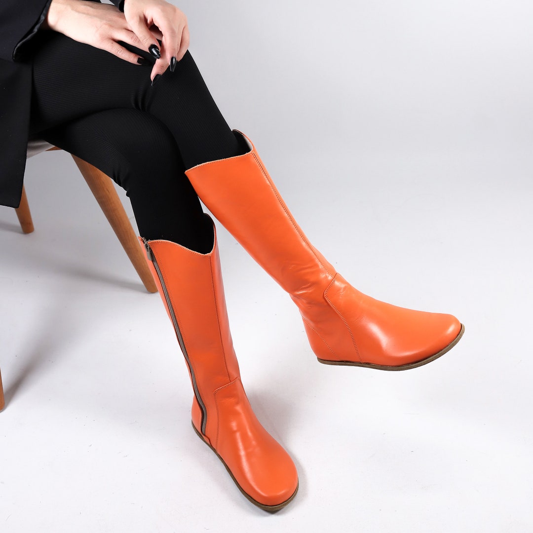 Buy Handmade Orange Leather Knee Boots: Women's Barefoot Zero Drop Shoes  Online in India
