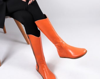 Women Flat KNEE Boots Barefoot Zero Drop ORANGE SMOOTH Leather Handmade Shoes, 5mm Leather Outsole