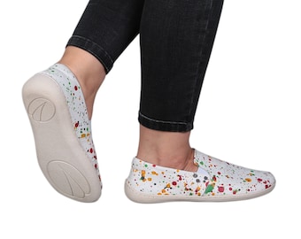 Women SLIP-ON SPLANTER Paint White Leather, Handmade Barefoot, Grounding, Zero Drop, Flexible Soft Rubber Sole, Stylish, Natural, Colorful