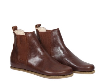 Men Handmade CHELSEA Boots Zero Drop, Barefoot DARK BrOWN Smooth Leather, Natural, Colorful, Leather Insole & Outsole