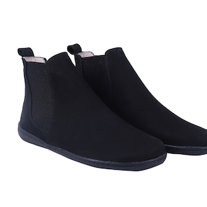 Dames handgemaakte CHELSEA laarzen Zero Drop, blote voeten ZWART NUBUCK leer, natuurlijk, kleurrijk, leren binnenzool & 5 mm zacht rubber