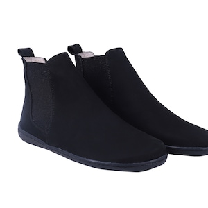 Women Handmade CHELSEA Boots Zero Drop, Barefoot BLACK NUBUCK Leather, Natural, Colorful, Leather Insole & 5mm Soft Rubber