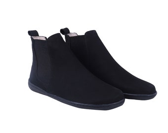 Women Handmade CHELSEA Boots Zero Drop, Barefoot BLACK NUBUCK Leather, Natural, Colorful, Leather Insole & 5mm Soft Rubber