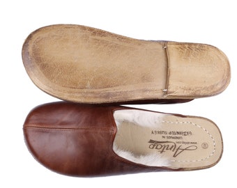 WOMEN Shearling Wide Zero Drop Slipper, Sandals Barefoot DARKER Brown Smooth Leather Handmade, Natural, Colorful, Leather Insole and Outsole