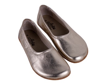 Plat ballet op blote voeten Zero Drop GOUD HELDER leren ballerina's, lederen handgemaakte schoenen, instapper 5 mm rubberen buitenzool of lederen buitenzool