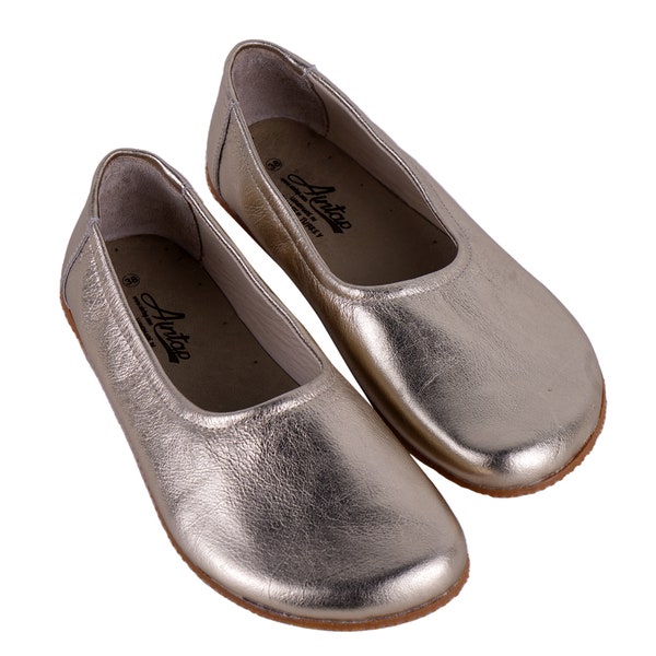 Flat Ballet Barefoot Zero Drop GOLD BRIGHT Leather Ballerinas, Leather Handmade Shoes, Slip-On 5mm Rubber Outsole or Leather Outsole