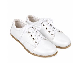 Women Barefoot WHITE SMOOTH Leather Sneaker Shoes, Classic Comfort & Style: Handmade, Leather Sole