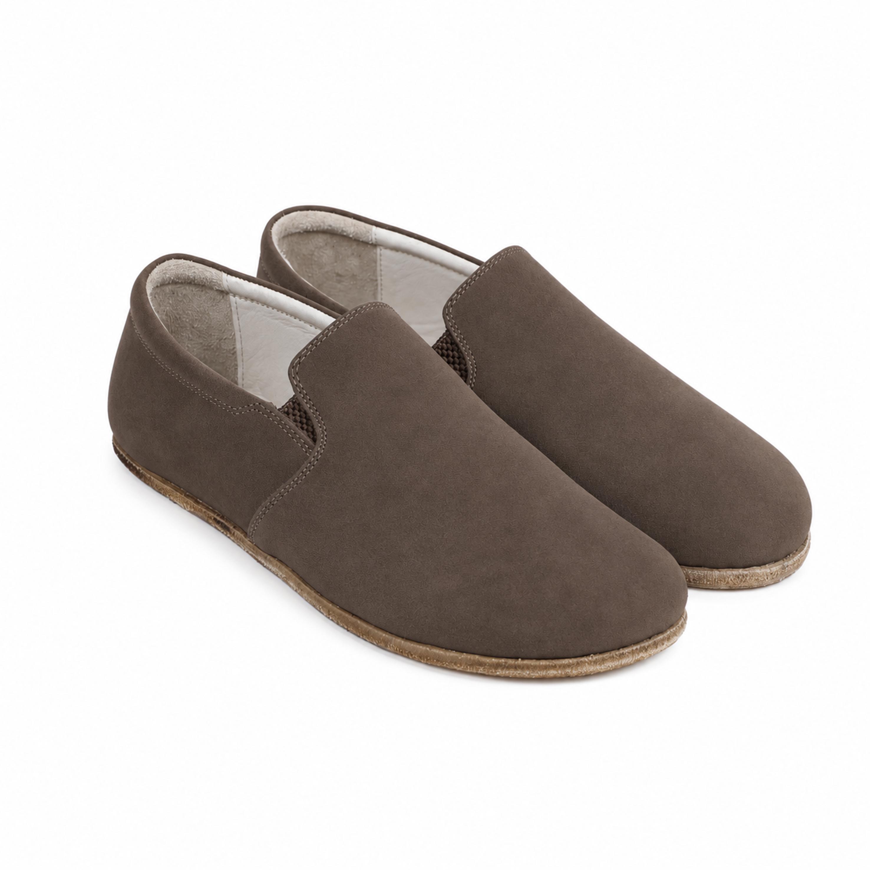 MEN Barefoot Slip On, SMOKED NUBUCK Leather, Handmade Yemeni Shoes, Natural, Leather Outsole
