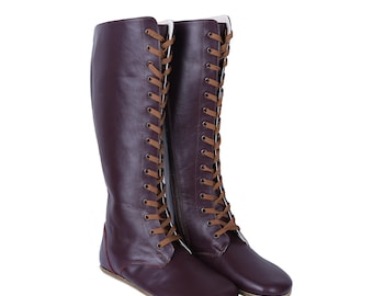 Botas altas hasta la rodilla de piel burdeos hechas a mano: Barefoot Zero Drop
