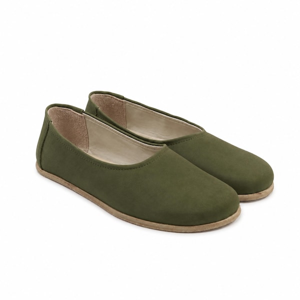 Women GREEN NUBUCK Leather Barefoot Ballerinas: Handmade Zero Drop Shoes, Classic Comfort & Style