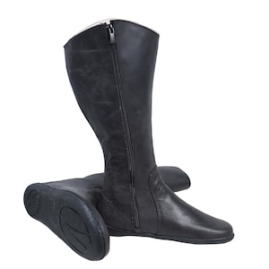 Dames platte knielaarzen op blote voeten Zero Drop ASPHALT zwart CRAZY lederen handgemaakte schoenen, 6MM zachte rubberen buitenzool