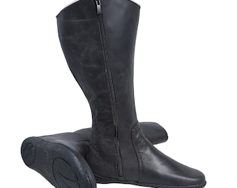 Bottes plates pour femmes, pieds nus, zéro chute, ASPHALTE, chaussures faites main en cuir noires folles, semelle extérieure en caoutchouc souple de 6 mm