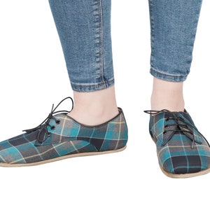 WOMEN Barefoot OXFORD Tartan Plaid Fabric & Leather Handmade Classic Yemeni Shoes, Natural, Colorful, Slip-On