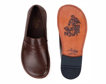 Men's Barefoot DARK BROWN SMOOTH Leather Shoes, Classic Comfort & Style: Handmade, Penny Slip On
