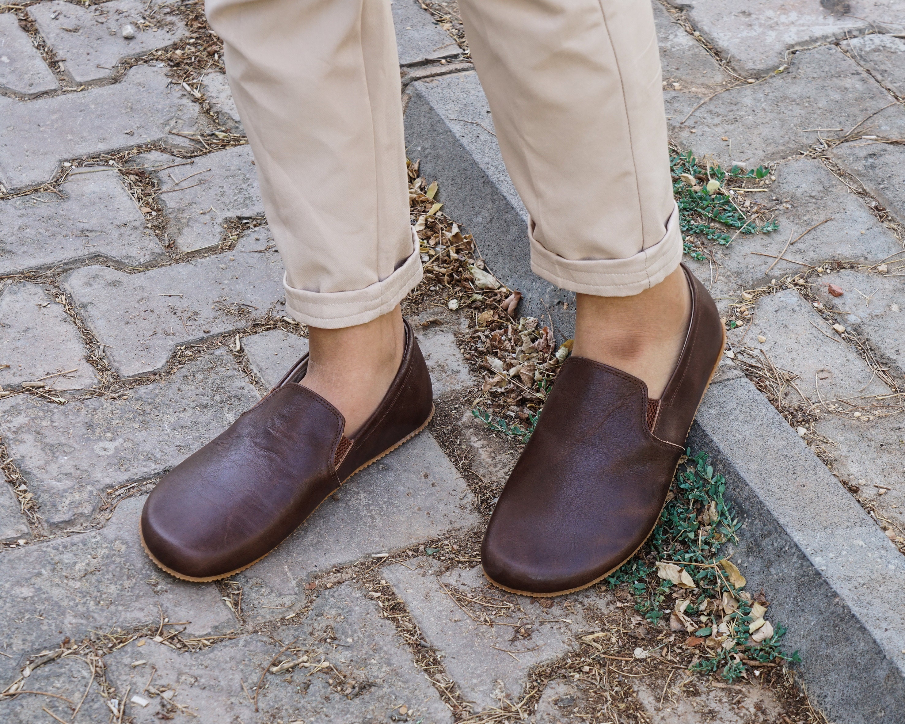 Mens Handmade Zero Drop Leather Slip-on Shoes: Brown 