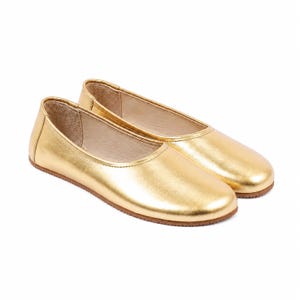 Women GOLD Leather Barefoot Ballerinas: Handmade Zero Drop Shoes, Classic Comfort & Style, 6mm Rubber Outsole