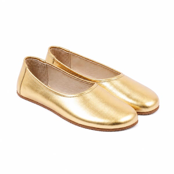 Women GOLD Leather Barefoot Ballerinas: Handmade Zero Drop Shoes, Classic Comfort & Style, 6mm Rubber Outsole