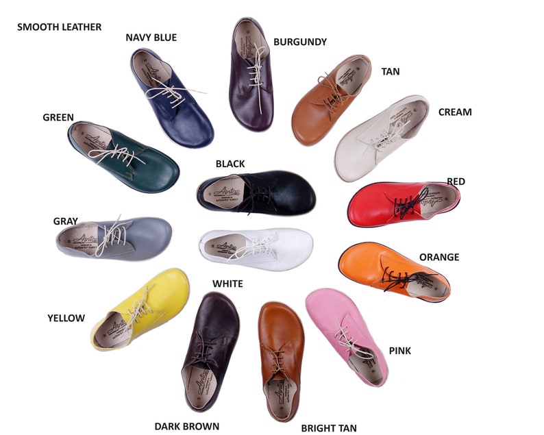 May include: A selection of leather shoes in various colours, including navy blue, burgundy, tan, cream, green, grey, yellow, black, white, dark brown, bright tan, pink, red, and orange.