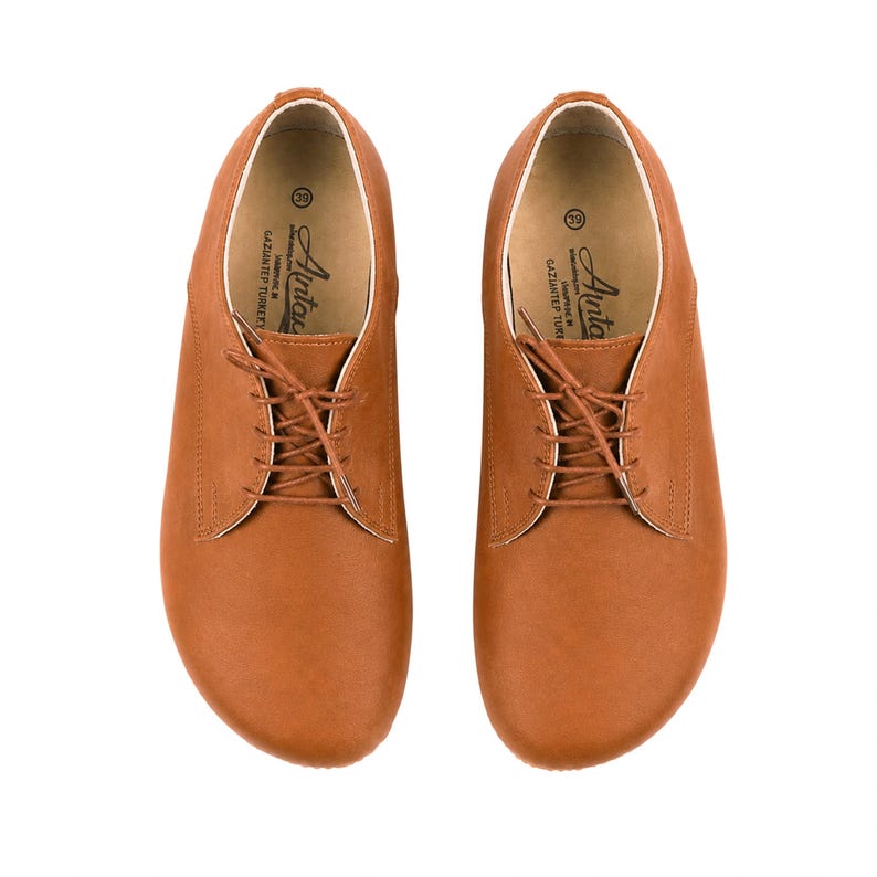 Women's Barefoot TAN SMOOTH Leather Oxford Shoes, Classic Comfort & Style: Handmade, Moccasins, 6mm Rubber Outsole image 9