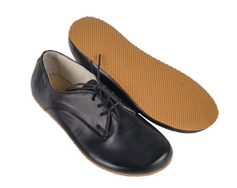 MEN Zero Drop Oxford Barefoot BLACK SMOOTH Leather Handmade Shoes, Natural, Colorful, Slip-On 5mm RuBBER OuTSOLE