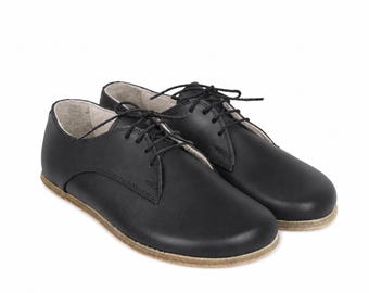 WOMEN Barefoot BLACK SMOOTH Leather Oxford Shoes, Classic Comfort & Style: Handmade, Moccasins