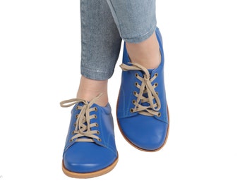 WOMEN Zero Drop SNEAKER Barefoot BLUE Smooth Leather Handmade Shoes, Natural, Colorful, Slip-On