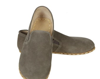 MEN Barefoot Gray Nubuck Leather Handmade Sport Yemeni Shoes, Natural, Colorful, Slip-On