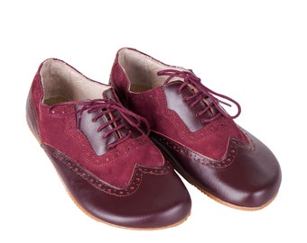 Women Barefoot OXFORD, Moccasin Shoes Businesswoman BuRGUNDY Leather Handmade Zero Drop, Dress Formal Oxfords Lace Up RUBBER OUTSOLE