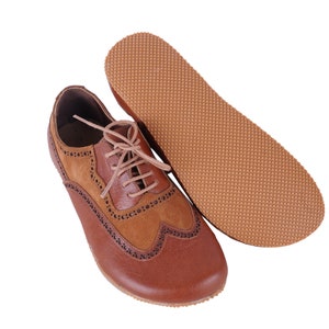 MeN Barefoot OXFORD, Moccasin Shoes Businessman BROWN Leather Handmade Zero Drop, Dress Formal Oxfords Lace Up  RuBBER OUTSOLE