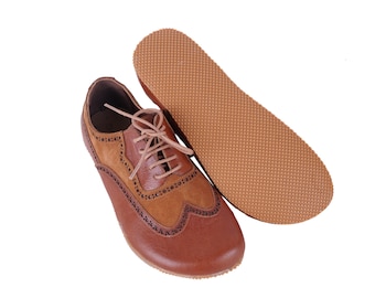 MeN Barefoot OXFORD, Moccasin Shoes Businessman BROWN Leather Handmade Zero Drop, Dress Formal Oxfords Lace Up  RuBBER OUTSOLE